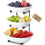 Lifewit Obst Etagere mit 3 Etagen,Obstschalen aus Kunstsoff mit Schwarzem Metallregal, Obstkorb Etagere 3 Stöckig, Obstständer Obstregal mit Weiße Servierplatte für Buffets/Obst/Snack/Gemüse/Desserts