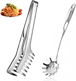 Spaghetti Server Set, Edelstahl Spaghettizange, Edelstahl Pasta Löffel, Spülmaschinenfest geeignet zum Backen und Kochen von Nudeln auch für Salate geeignet (2er-Set silber)