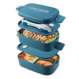 Beeptrum Bento Lunch Box stapelbar, 1400ml Behälter mit 4 Fächern und Besteck, auslaufsichere 2-Schicht-Boxen, für Erwachsene Kinder Büro, Mikrowelle spülmaschinenfest (Reines Blau)