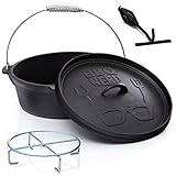 BBQ-Nerd Dutch Oven 'Starter' 5,5L mit Ständer- bereits eingebrannt - preseasoned - Gusseisen Feuertopf, Bräter mit Deckel inkl. Deckelheber - Feuerfester Grill & Camping Kochtopf, Grilltopf