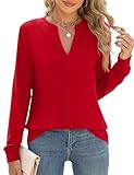 IECCP Bluse Damen Elegant V-Ausschnitt Oberteile Herbst Plissiert Langarmshirt Basic T Shirt Kleidung Festliche Blusenshirt Rot XL