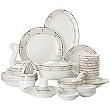 SGKOMN Besteckset aus weißem Knochenporzellan mit Goldrand, mit Speisetellern, Desserttellern, Suppentellern und Untertassen, für Geschenke, Hochzeiten und Hotels, 60-Teil