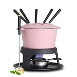 Artestia Käsefondue-Topf-Set aus Gusseisen für Schokoladenfonduetopf Camping Fondue-Set mit 6 Fonduegabeln, 11-teiliges Käsefondue-Set für 6 Personen (Rosa)