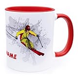 Skifahren Tasse mit Namen personalisiert Skifahrer Motiv Becher Wintersport Skiurlaub Geschenk Zubehör lustig Accessoires Figur Ski fahren Gadgets Fun Skier Deko Mann Frau Lehrer Berge Keramik 330ml