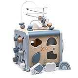 KIDSLINO Motorikwürfel aus Holz in blau I Aktivitätswürfel I Montessori Spielzeug ab 1 Jahr I Motorikwüfel personalisiert mit fünfseitigen Busy Board