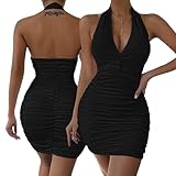 Hanaoops Sexy Partykleid Damen Tief V-Ausschnitt Neckholder Bodycon Minikleid Ohne Ärmel Rückfrei Kurze Figurbetontes Sommerkleid Einfarbig Eng Party Club Kleid