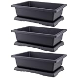 FUNSUEI 3 Stück Bonsai Schale, 36 x 26,2 x 10,6 cm Bonsaischale Kunststoff mit Untersetzer, Blumentopf Pflanzschale für Bonsai Innen- und Außenbereich, Rechteckig