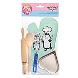 Heless 232 - Backset für Kinder im Pinguin Pünktchen Design, 5 teiliges Backzubehör mit Ofenhandschuh, Backform Herz, Nudelholz & Kochlöffel aus Holz und Schneebesen