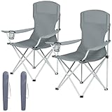 AMHANCIBLE Campingstuhl Faltbar 2er Set, Angelstuhl Klappbar mit Getränkehalter, Gartenstuhl mit Hohe Rückenlehne, Klappstuhl Camping mit Armlehnen, Campingstühle Leicht, Tragbar, bis 150Kg EOCC02GY