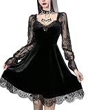 Grufti-Kleid für Damen, Lolita-Kleid mit Spitze, Langarm, schwarz, Retro, Punk, Puffärmel, A-Linie, ausgestellt, kurzes Kleid, F-schwarz, L