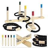 YARDIN Ringwurfspiel Outdoor Wurfspiel Holz - 5 Nylonringe und 5 Farbige Säulen - Ringe Werfen Spiel für Kinder und Erwachsene Familienfeiern Party 50x50cm