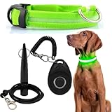 NAKOSITE LED Leuchthalsband Hund + Hundepfeife + Clicker Hund – Verstellbare Größe, 3 Lichtmodi, Hohe Sichtbarkeit bis 500m, Nachtsicherheit für kleine bis große Hunde (Grün)