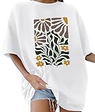 Lonya T Shirt Damen Oversized Vintage Rundhals Kurzarm Blumen Muster Gedruckt Sommer Bluse Baumwolle Oberteile Tops Retro Casual Lockere Basic Tee Shirt, B-Weiß, L