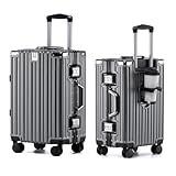 yuweijie Alu-Rahmen Mittelgroßer Koffer mit 4 Rollen · Hartschalen in 100% PC mit Getränkehalter · Reisekoffer TSA Schloss · Trolley für Geschäftsreisen · Grau · M-67cm