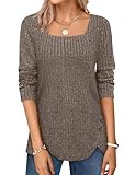 Damen-Langarm-Top, leicht, quadratischer Ausschnitt, Knopfleiste an der Seite, Tunika, Tops, lässig, gestreift, coffee, XL
