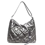JANSBEN Puffer Schultertasche Damen Gesteppte Tasche mit Breiter gurt Handtasche Baumwolle Winter Puffy Umhängetasche für Uni Arbeit Reisen Einkaufen,Silber