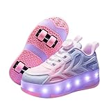 Mateju Kinder Schuhe mit Rollen für Mädchen Jungen LED Blinkend Rollschuhe Schuhe mit 4 Rollen 2 in 1 Abnehmbar Roller Turnschuhe Skateboardschuhe Damen (Rosa,36)
