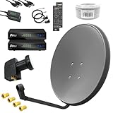 ARLI HD digital Sat Anlage 60 cm Grau/Anthrazit Komplettset für 2 Teilnehmer komplett inkl. 2X Receiver DVB-S2 + Twin LNB + 50 m Koaxialkabel + 4X F-Stecker Satellitenschüssel UHD (4K / 8K) 3D