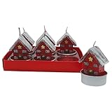 6er Set Teelicht Haus - Teelichtkerze als Haus, Wachskerze Reihenhaus, Figurenkerze als rotes Häusschen mit schneebedecktem Dach, Lieferumfang 6 Kerzen, Maße je Teelicht L/B/H: 4 x 4 x 5 cm.