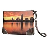 Clutch aus echtem Leder für Damen und Herren, Boston Charles River City Skyline Sonnenuntergang Geldbörsen Reise Handy Organizer Handtasche