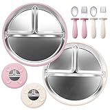 KIMIGO Edelstahl Baby Teller Mit Saugnapf, 2 X Babyteller Mit Saugnapf, Saugnapfteller,BPA-Frei,Spülmaschinenfest Mit Entfernbarer Silikon Hülle,Unzerbrechliches Baby Geschirrset,Cremeweiß + Rosa