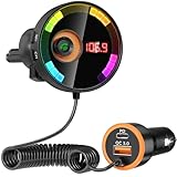 Bluetooth Adapter Auto mit LED-Lichtern, FM Transmitter für Auto Bluetooth, 36W Schnellladung, Freisprechen, Unterstützt Siri & Google, Modernes Spiegel-Design für sichere Fahrt