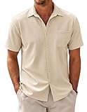 COOFANDY Herren Kurzarm Hemd Business Hemden mit Tasche Freizeithemd Casual Sommerhemd Fischgrätmuster Textured Shirts Creme Beige XL