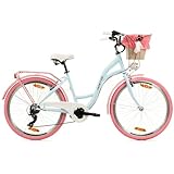 Goetze Mood 26 Zoll Jugendfahrrad, 17 Zoll Tiefeinsteiger Aluminiumrahmen, 6-Gang Kettenschaltung, doppelte V-Bremsen, LED-Beleuchtung, Rattankorb, Komfortsattel, mit Seitenständer & Klingel