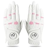 LOVMEAD Golfhandschuhe für Damen mit Ballmarker für Linke und rechte Hand, Cabretta-Leder im Paar, Damen-Golf-Handschuh, Regen-Griff, Allwetter-weich, bequem, flexibel (Rosa, S)