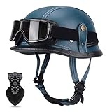 Deutsche Leder Motorrad Halbhelme mit ECE, Retro Moped Helm Chopper Halbschalenhelm JetHelm mit Brille Sonnenblende und Schnellverschlussschnallen für Cruiser Chopper Biker Moped X XL