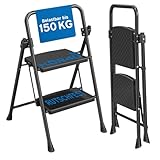 kör4u Trittleiter 2 Stufen – bis 150 kg belastbar, klappbar & platzsparend, stabile Haushaltsleiter, rutschfeste Stufen, Stahlrahmen, schwarz