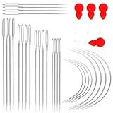 28 PCS Upholstery Hand Nähnadeln mit 8 PCS gebogenen Ledernadeln, 20 Ledernadeln für Handnähen, 4 Nadeleinfädler, Großes Auge Sicken Ledernadeln für Handnähen Teppich Segeltuch