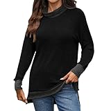 Damen Schalkragen Patchwork Shirt Langarm Oberteile Basic Top Bluse Langarmshirt Pullover Casual Lose Blusen Tuniken