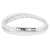 Cupimatch Herren Lederarmband, Leder Kordelkette Geflochten Armband Wickelarmbänder mit Edelstahl Magnetverschluss - zum zweimaligen Umwickeln, Weiß