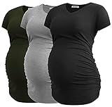 Smallshow Damen Umstandstop V Hals Schwangerschaft Seite Geraffte Umstandskleidung Tops T Shirt 3 Pack,Army Green-Black-Light Grey,M