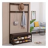 3-in-1 Massivholzgarderobe und Schuhbank für Eingangsbereich, Schlamm und Flur, 2-stöckige Schuhaufbewahrung mit Haken, einfache Montage, Walnussholz-Finish (80 x 34 x 180 cm)