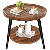 GFEMTH Beistelltisch Rund Holz | Beistelltische fürs Wohnzimmer | Couchtisch Klein mit 2 Ablage | Sofatisch H48x Ø50 cm Einfacher Aufbau | Wohnzimmertisch für Couch Sofa (Nussbaum)