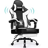 Gaming-Stuhl mit Fußstütze, Bürostuhl ergonomisch, Schreibtischstuhl Neigungs- und Sperrfunktion, Verstellbarer Drehstuhl mit Lenden-und Kopfkissen, PC-Stuhl aus PU-Leder, Schwarz