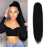 FESHFEN Pferdeschwanz Clip Extensions mit Kordelzug 60 cm Zopf Kordelzug Pferdeschwanz Haarteil Glatt Haarverlängerungen für Zopf Synthetische Drawstring Ponytail Extension, Schwarz