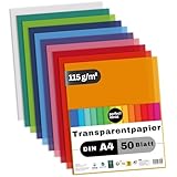 perfect ideaz - 50 Blatt Transparentpapier DIN A4, 10 Farben sortiert, 115 g/m², lichtdurchlässig & hochstabil, säurefrei, FSC® zertifiziert, Bastelpapier für Laternen, Karten & Deko