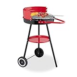 Relaxdays Holzkohlegrill mit Rollen, Ø 42 cm, Picknickgrill Garten & Park, Griller, Windschutz, Rundgrill, schwarz/rot