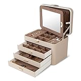 KAMIER Schmuckkästchen für Damen, große Schmuckschatulle mit 4 Ebenen, Schmuckbox mit Spiegel und Schloss, Griff Schmuckkästchen für Ringe, Ohrringe, Halsketten, Armbänder, Beige