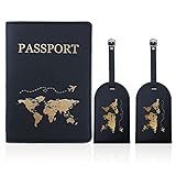 Reisepasshülle,3 PCS（1PCS Reisepass Schutzhülle+2PCS Kofferanhänger）,Passport Hülle aus Schwarz Kunstleder mit Golddruck,Herren Passport Holder für Kreditkarten, Ausweis und Reisedokumente