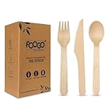 FOOGO Green 150-teiliges Einweg-Holzbesteck-Set, 50x Gabeln, 50x Löffel, 50x Messer, 16 cm, biologisch abbaubar, kompostierbar, umweltfreundliches Besteckset, Party-Picknick