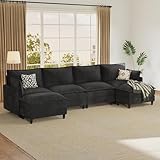 APICIZON Couch mit Schlaffunktion, U Form Sofa 4 Sitzer, 363cm Länge-Wohnzimmer Couch mit Cordbezug, Big Sofa mit 4 Rückenlehnen&2 Kissen&2 Ottomane, Seitliche Magazin-Aufbewahrungstasche, Schwarz