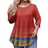 Longbluse Damen Elegant Bluse Damen Elegant Long Sleeve Tunika Rundhals Basic T-Shirt Blumen Lässig Longbluse Freizeit Oberteil für Alltag XXL Red