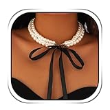 Handcess Perlen Halskette mit Schleife Perlen Mehrfachkette Perlen Choker Halsketten für Damen