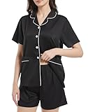 Guunify Satin Pyjama Kurz Damen Schlafanzug Kurzarm Pyjamas Set mit Knopfleiste Nachtwäsche Zweiteiliger Sets Hausanzug Schwarz L