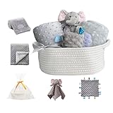 CREVENT Baby-Willkommens-Geschenkset, Aufbewahrungskorb mit 2 Decken, Einer Sicherheitsdecke, einem Schnüffeltuch und einem Geschenkbeutel mit Schleife, Grau