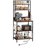 Dripex Küchenregal, 5 Etagen Standregal mit Steckdosen, Bäckerregal Freistehend Vintage, Mikrowellenregal, Organizer für Töpfe und Pfannen, 6 S-Haken, 70x40x165cm, Vintagebraun+Schwarz